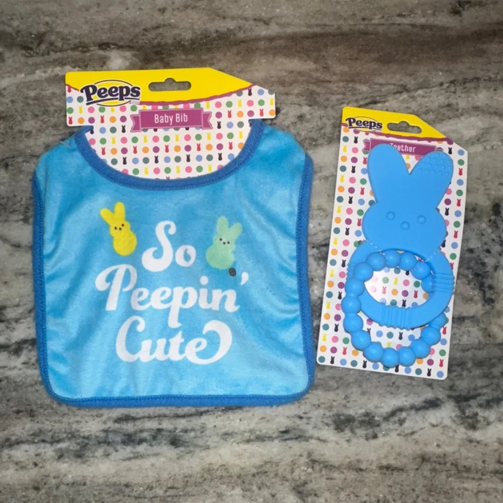 PEEPS Baby Bunny Rabbit BLUE Set Includes Baby Bib and Teether NEW
